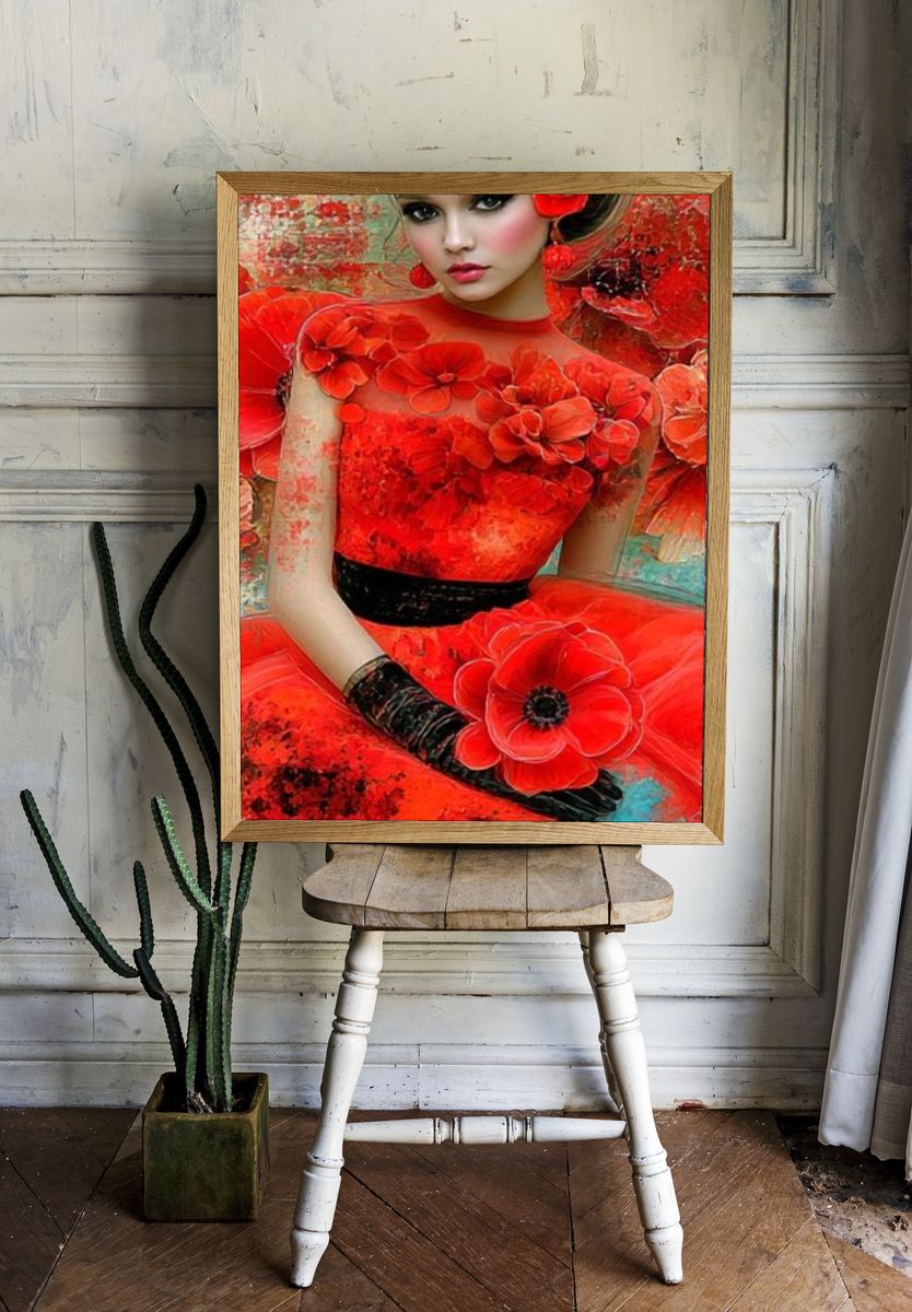 Red Floral Portrait Illustration Poster. — room view 1