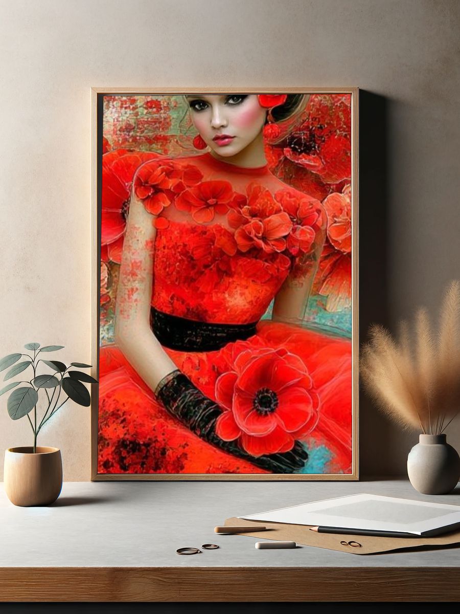 Red Floral Portrait Illustration Poster. — room view 2