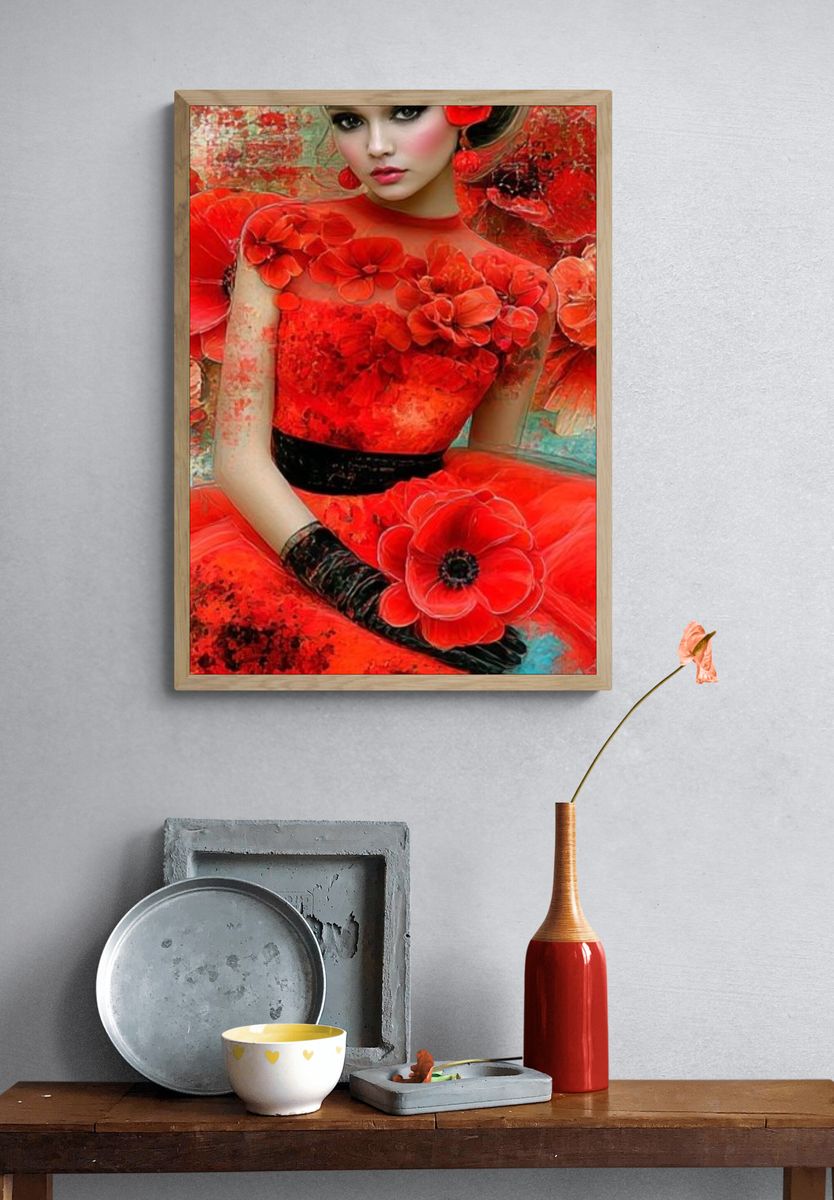 Red Floral Portrait Illustration Poster. — room view 3