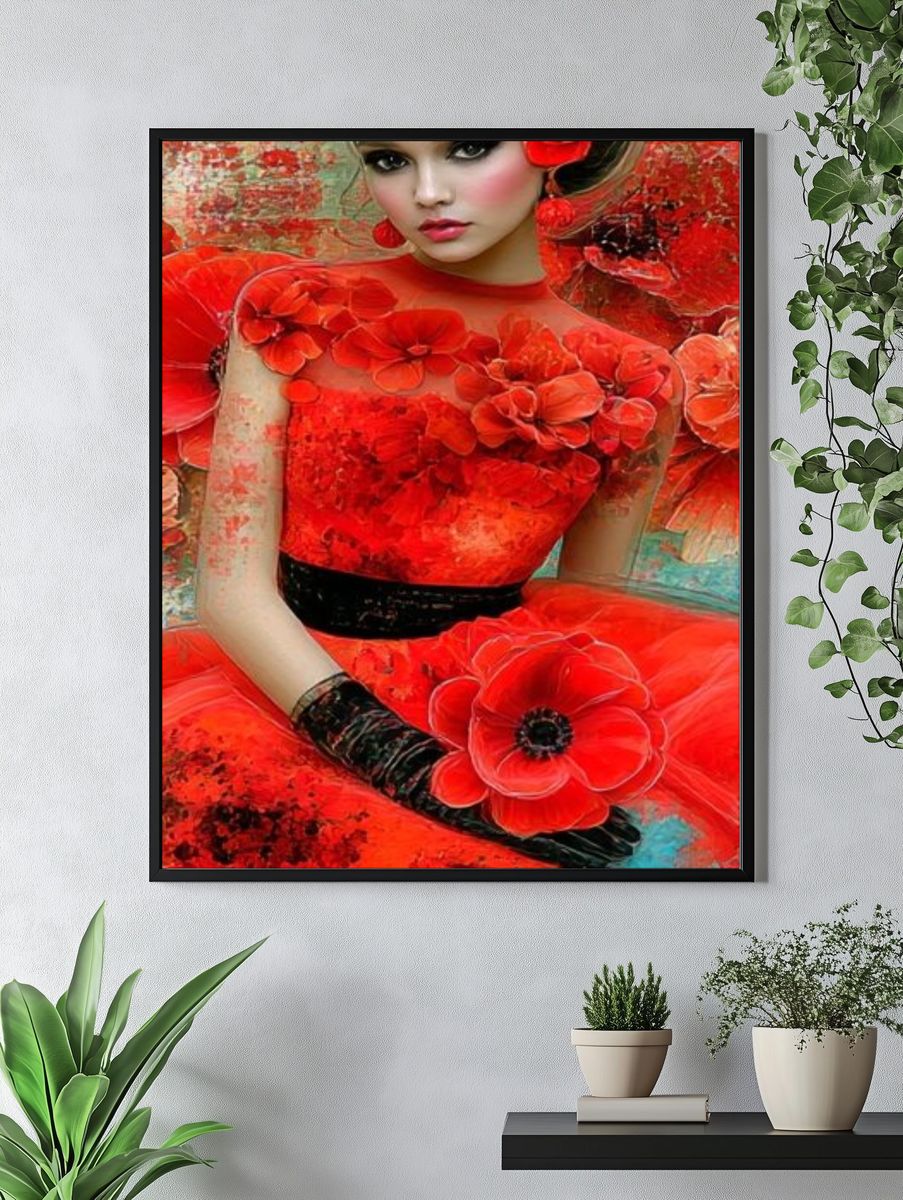 Red Floral Portrait Illustration Poster. — room view 4