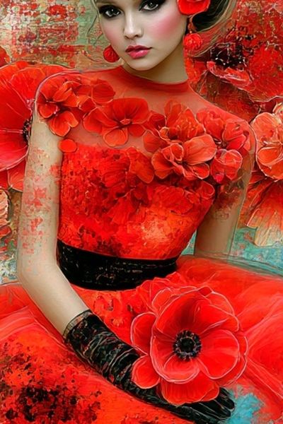 Red Floral Portrait Illustration Poster.