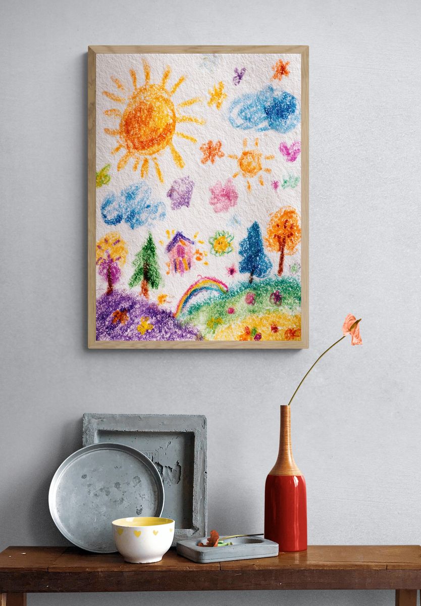 Childlike Rainbow Landscape Illustration Poster. — room view 3