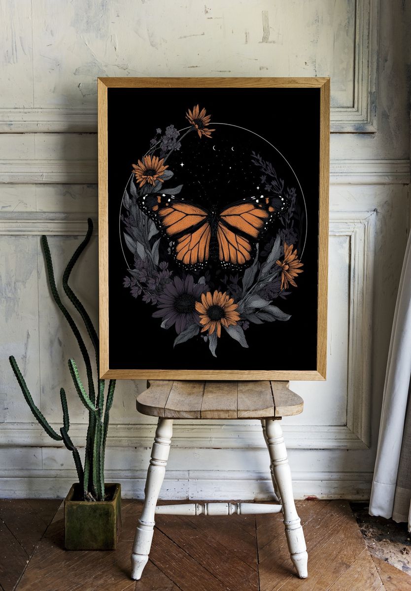 Monarch Butterfly Floral Illustration Poster. — room view 1