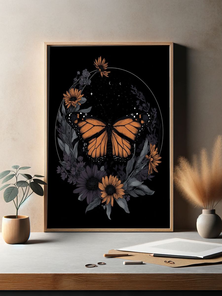 Monarch Butterfly Floral Illustration Poster. — room view 2