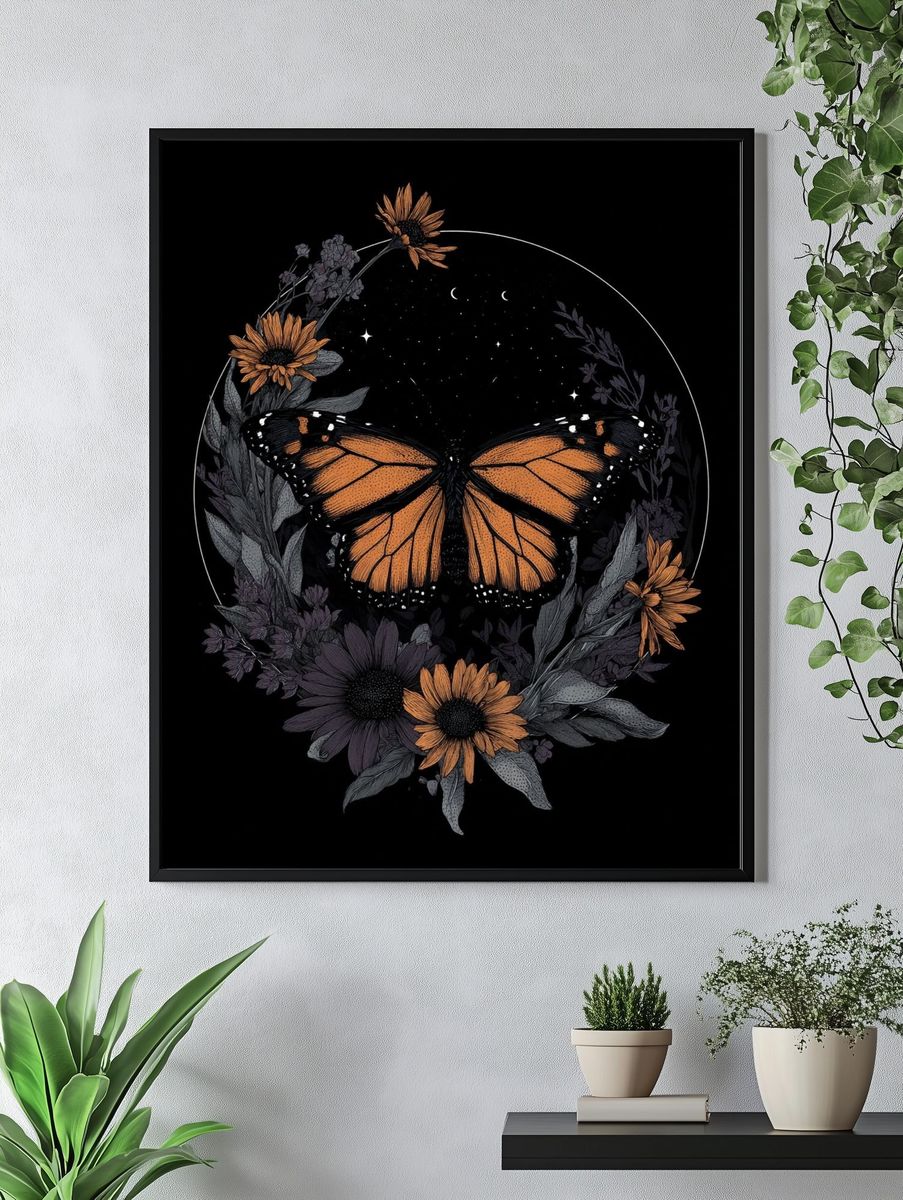 Monarch Butterfly Floral Illustration Poster. — room view 4