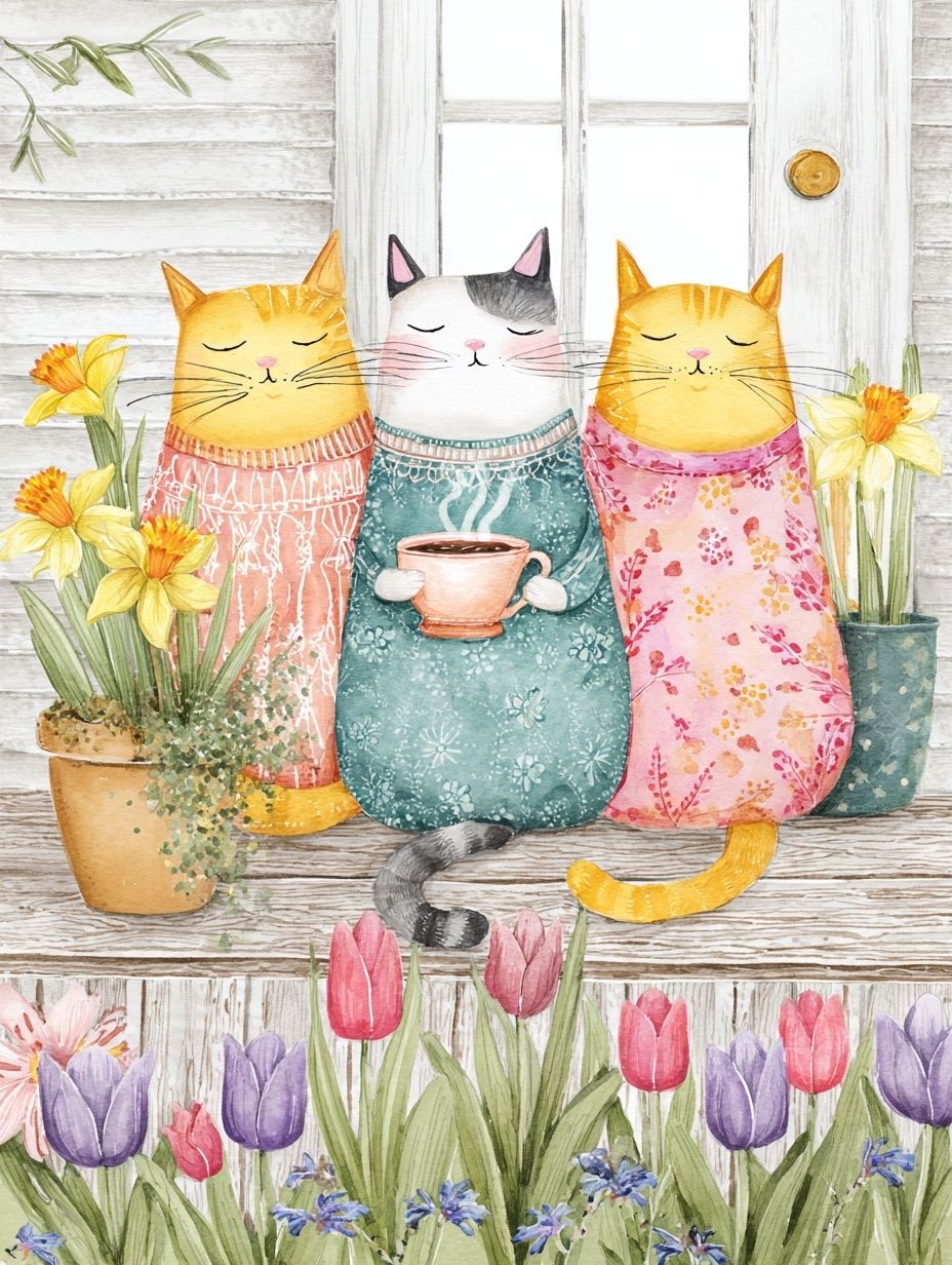 Cozy Cats in Spring Garden Print. poster detail