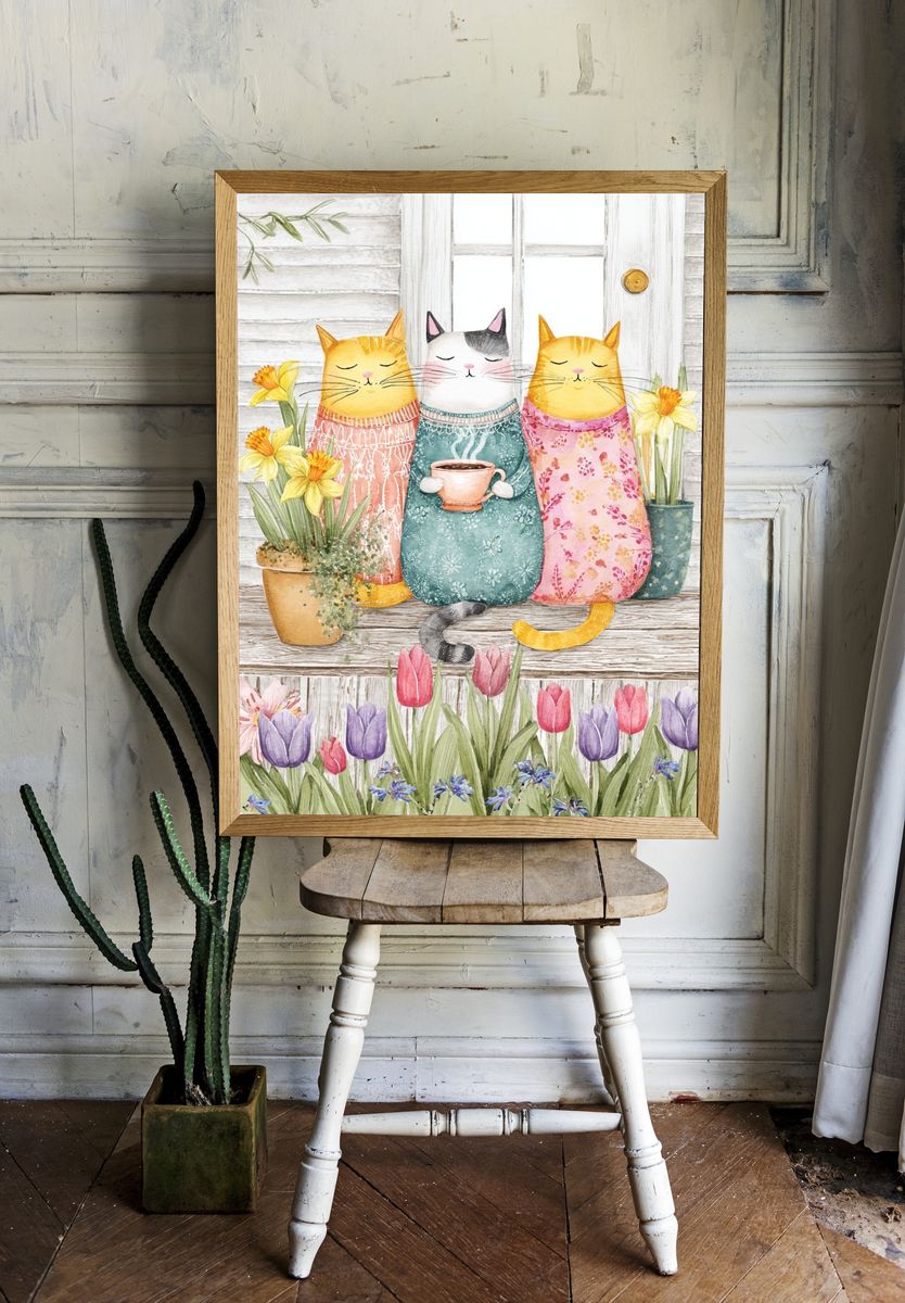 Cozy Cats in Spring Garden Print. — room view 1