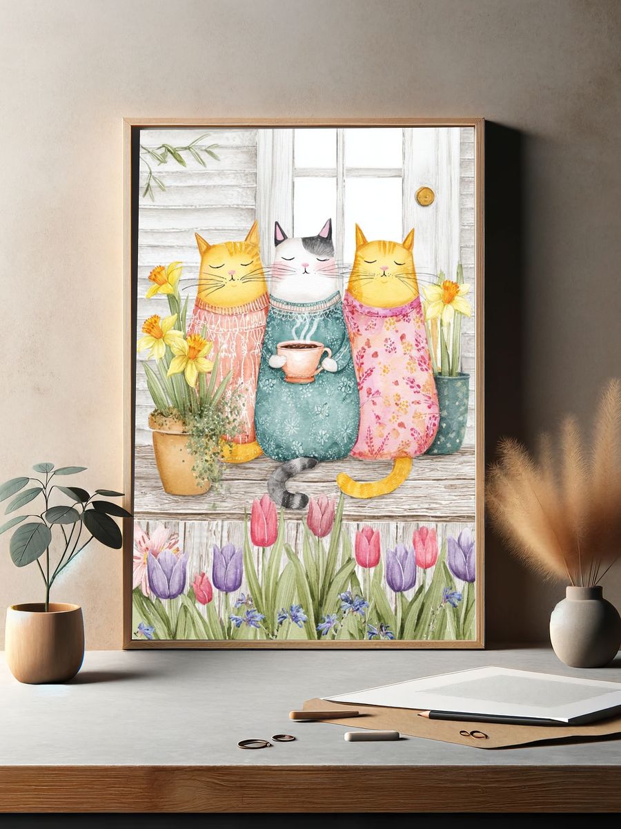 Cozy Cats in Spring Garden Print. — room view 2