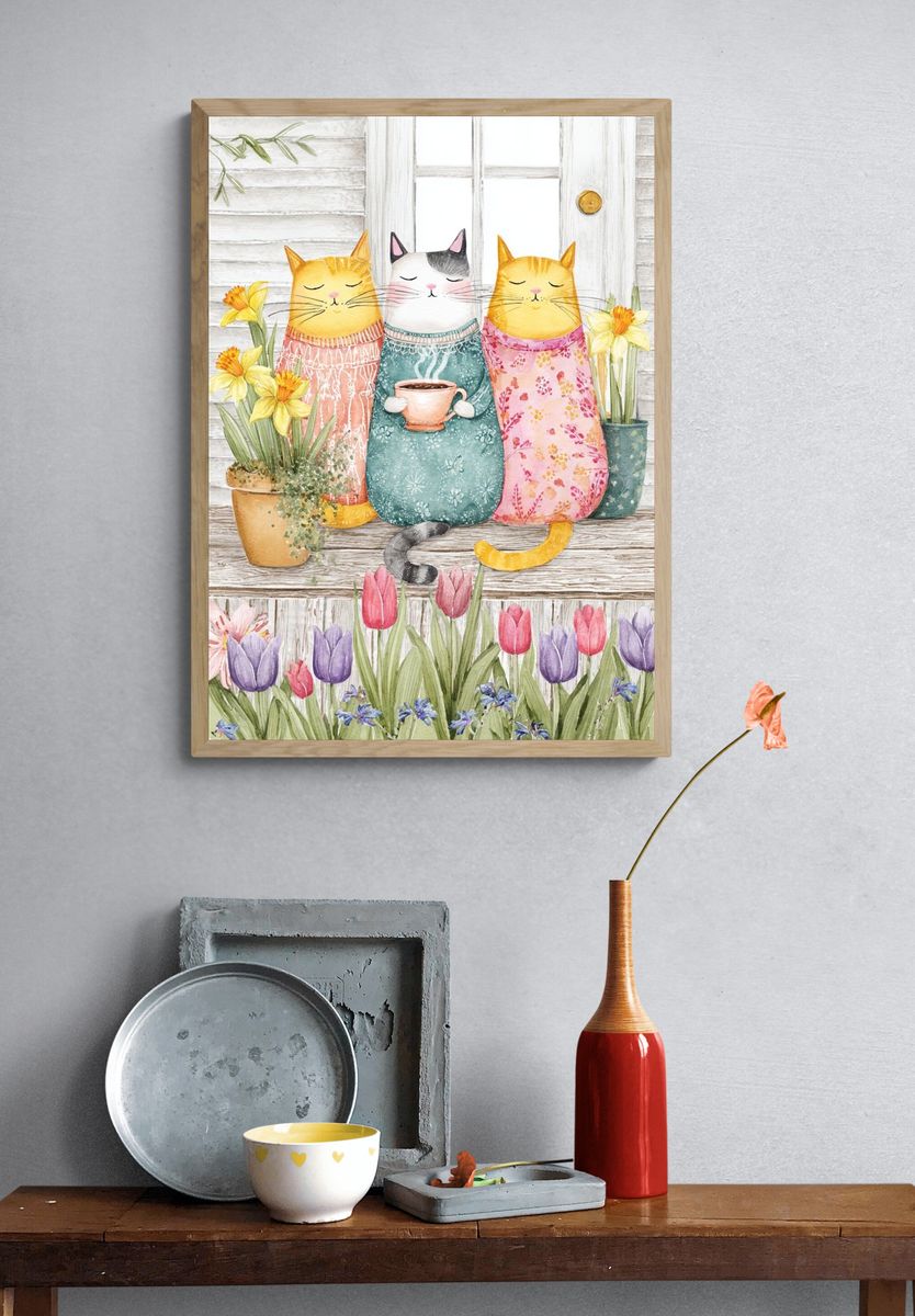 Cozy Cats in Spring Garden Print. — room view 3