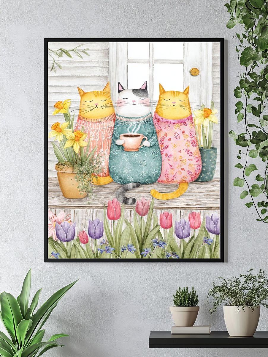 Cozy Cats in Spring Garden Print. — room view 4
