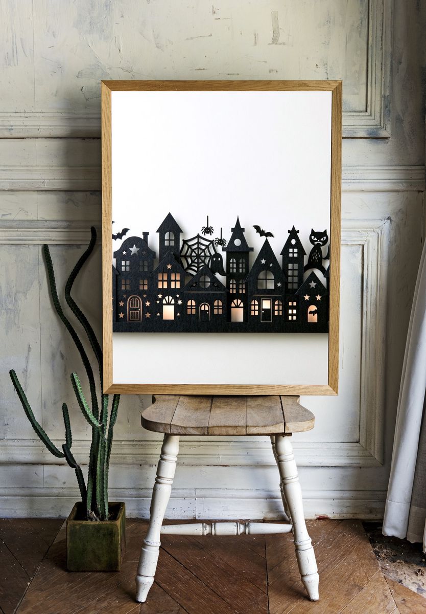 Haunted Halloween Village Illustration Print. room preview