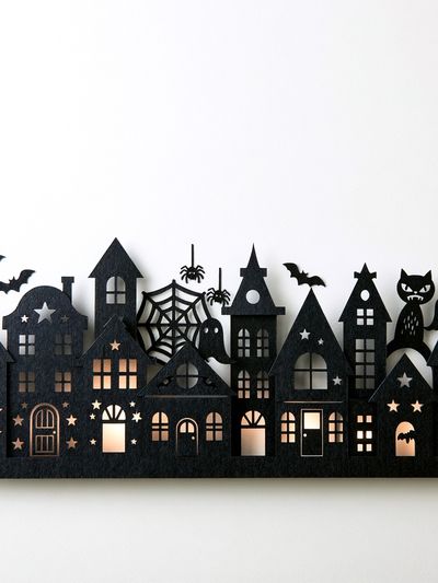 Haunted Halloween Village Illustration Print.