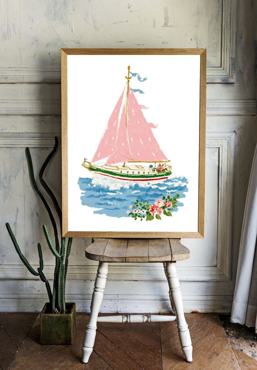 Pink Sailboat Watercolor Print. room preview