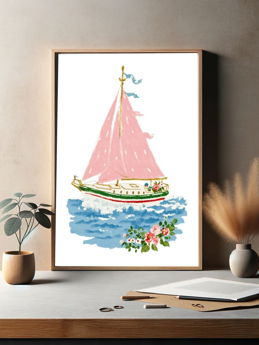 Pink Sailboat Watercolor Print. — room view 2
