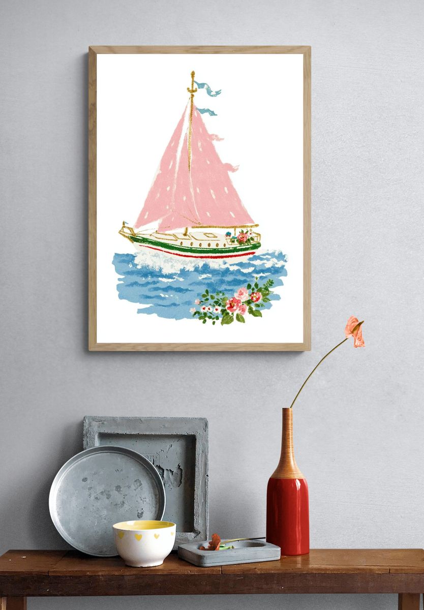 Pink Sailboat Watercolor Print. — room view 3
