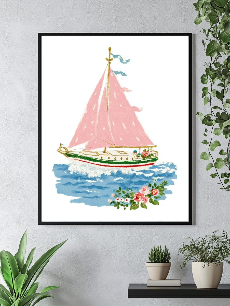 Pink Sailboat Watercolor Print. — room view 4