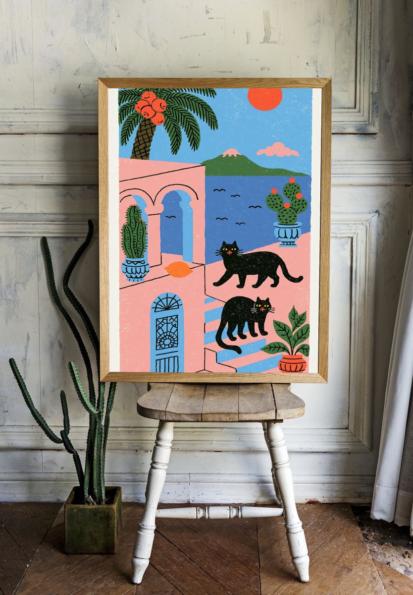 Mediterranean Cats Illustration Poster. room preview