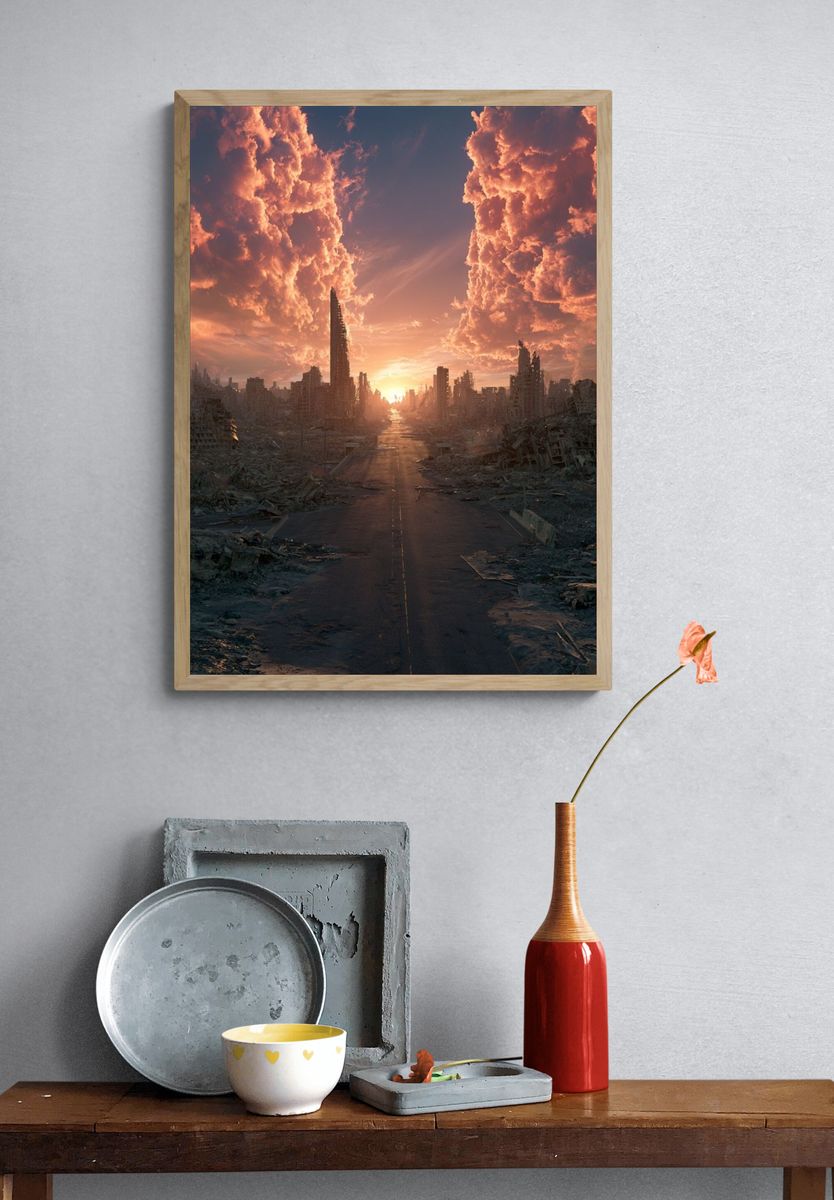 Dystopian City Sunset Poster. — room view 3