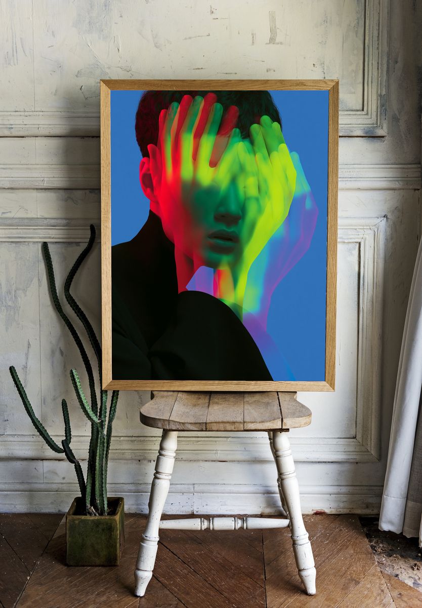 Neon Face Glitch Portrait Print. — room view 1