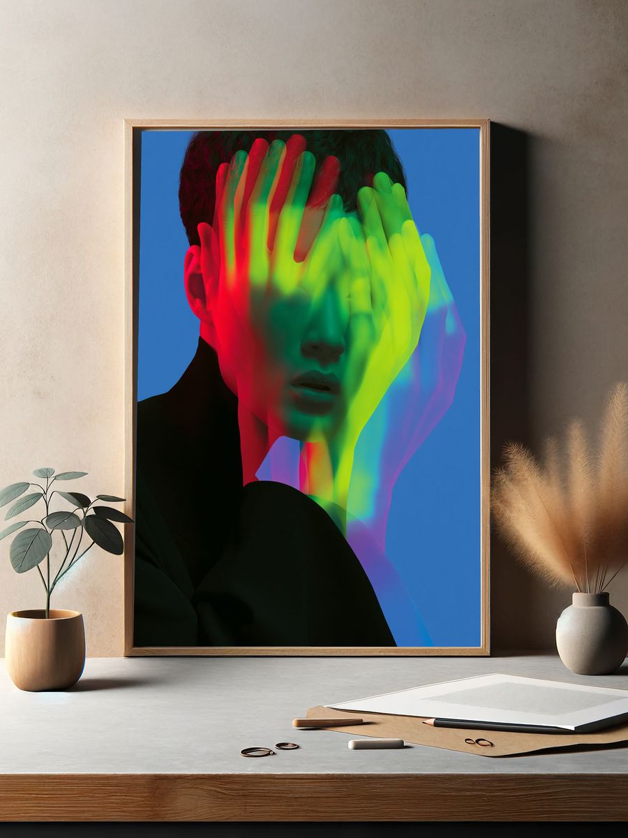 Neon Face Glitch Portrait Print. — room view 2