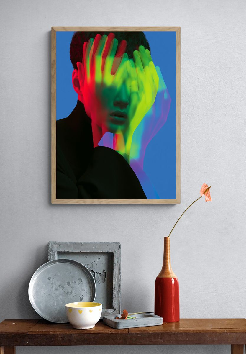 Neon Face Glitch Portrait Print. — room view 3