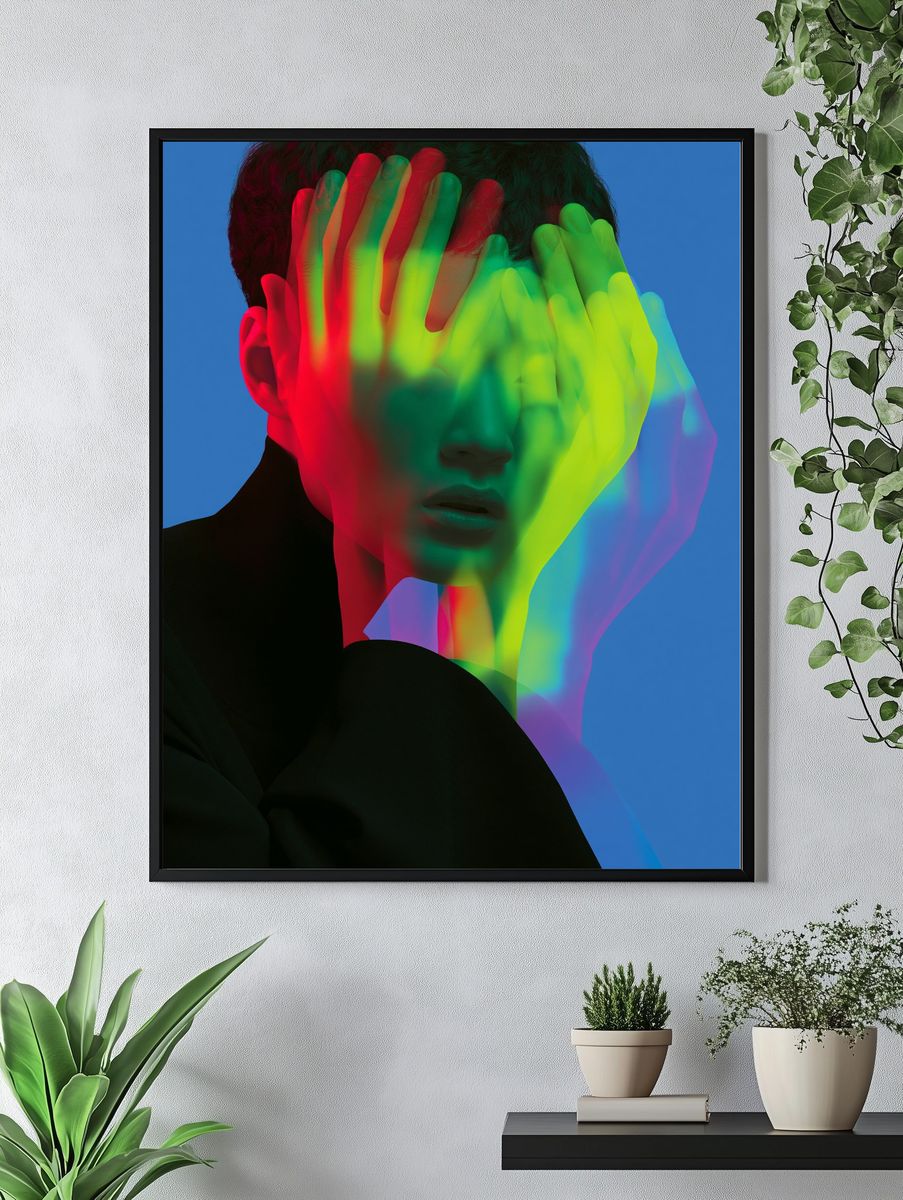 Neon Face Glitch Portrait Print. — room view 4