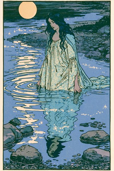 Moonlit River Maiden Illustration Print.