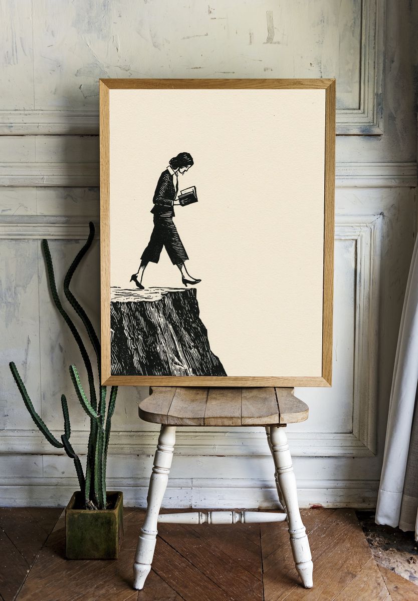 Woman on Cliff Ink Print. room preview