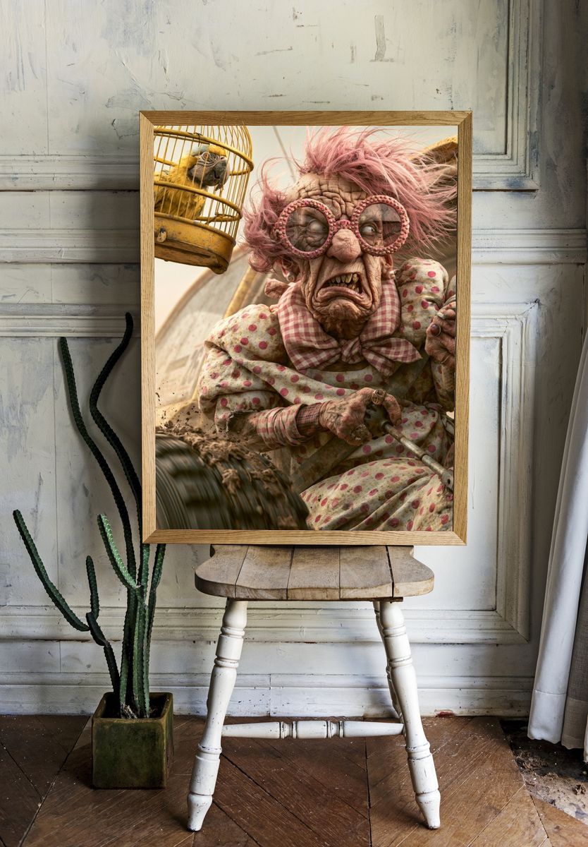 Creepy Granny and Parrot Illustration Poster. — room view 1