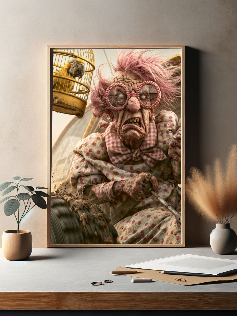 Creepy Granny and Parrot Illustration Poster. — room view 2