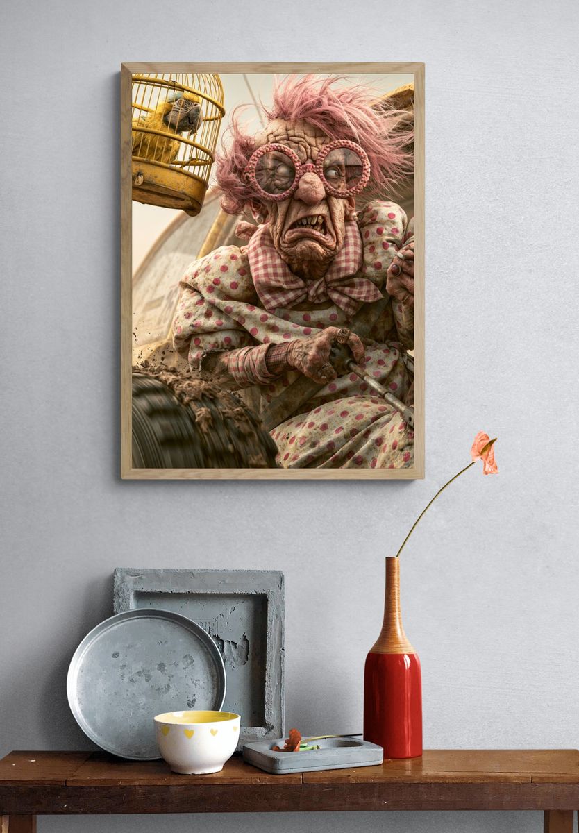 Creepy Granny and Parrot Illustration Poster. — room view 3