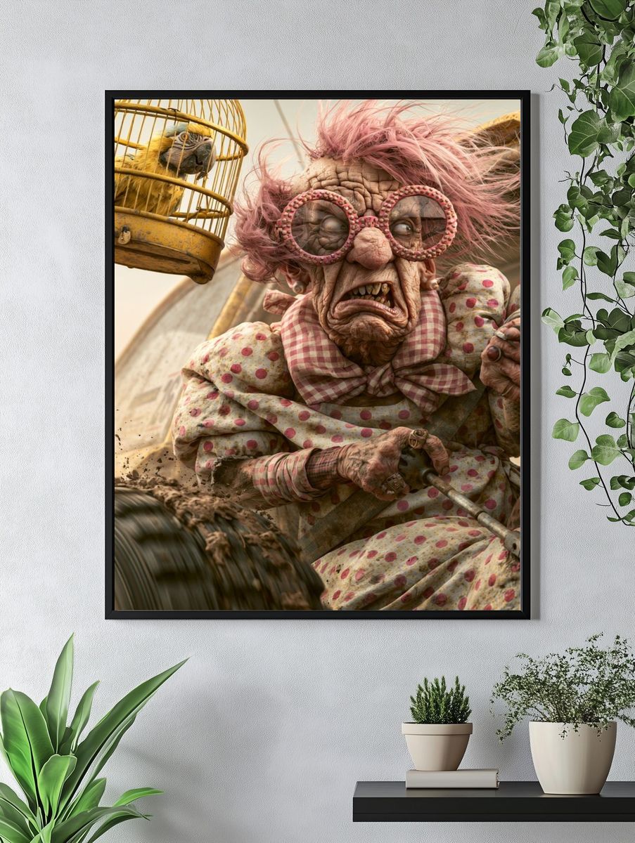 Creepy Granny and Parrot Illustration Poster. — room view 4