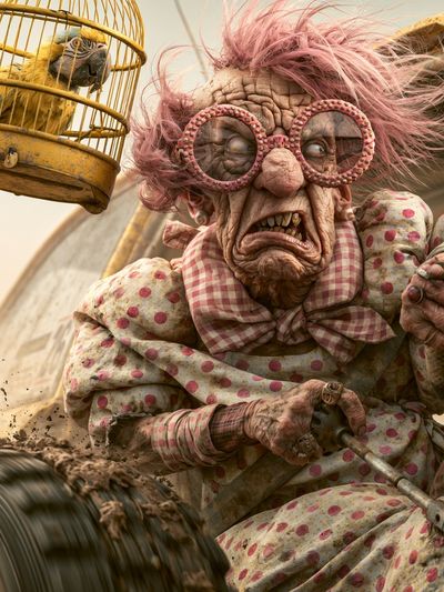 Creepy Granny and Parrot Illustration Poster.
