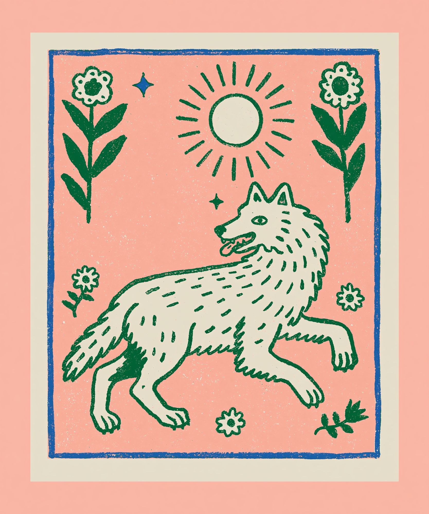 Wolf Floral Folk Art Poster. poster detail