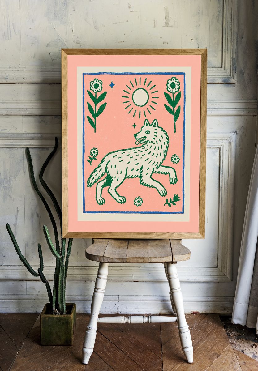 Wolf Floral Folk Art Poster. room preview