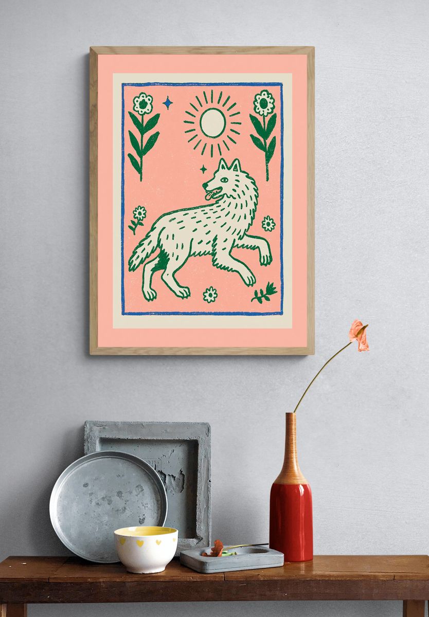 Wolf Floral Folk Art Poster. — room view 3