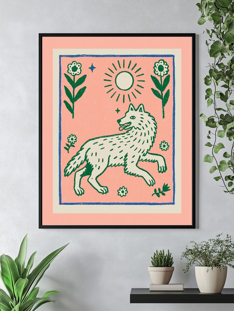 Wolf Floral Folk Art Poster. — room view 4