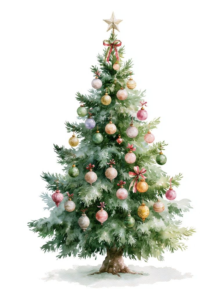 Decorated Christmas Tree Watercolor Print. poster detail