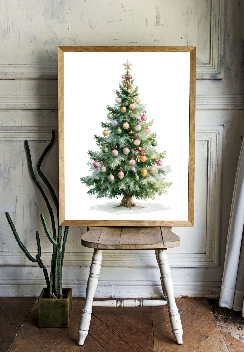 Decorated Christmas Tree Watercolor Print. — room view 1