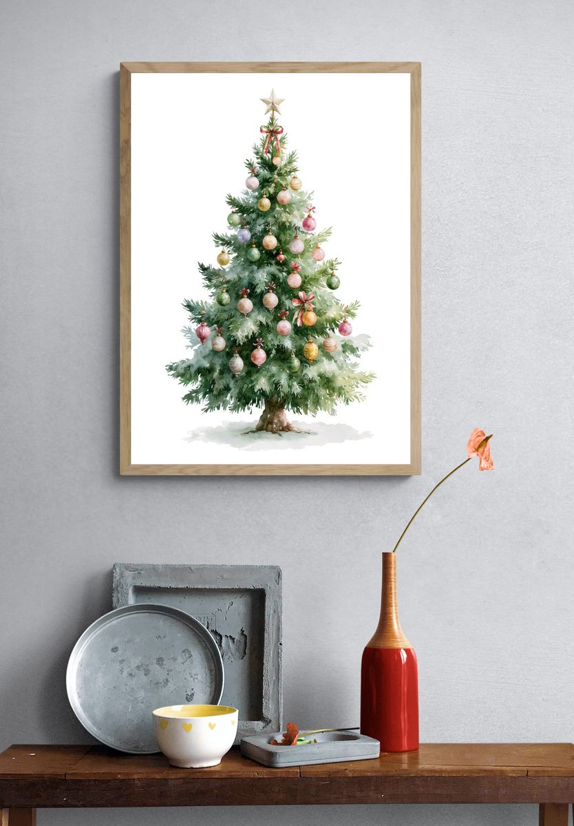 Decorated Christmas Tree Watercolor Print. — room view 3