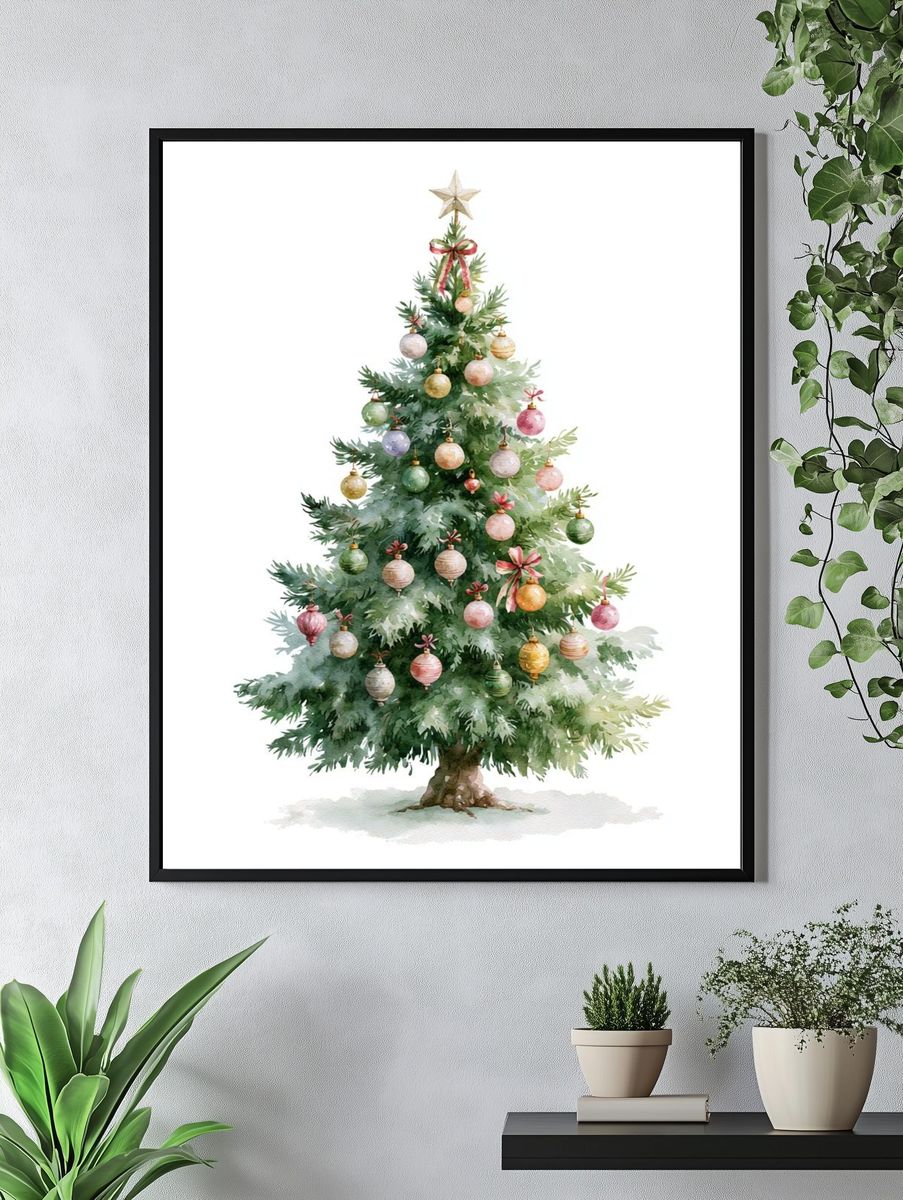 Decorated Christmas Tree Watercolor Print. — room view 4