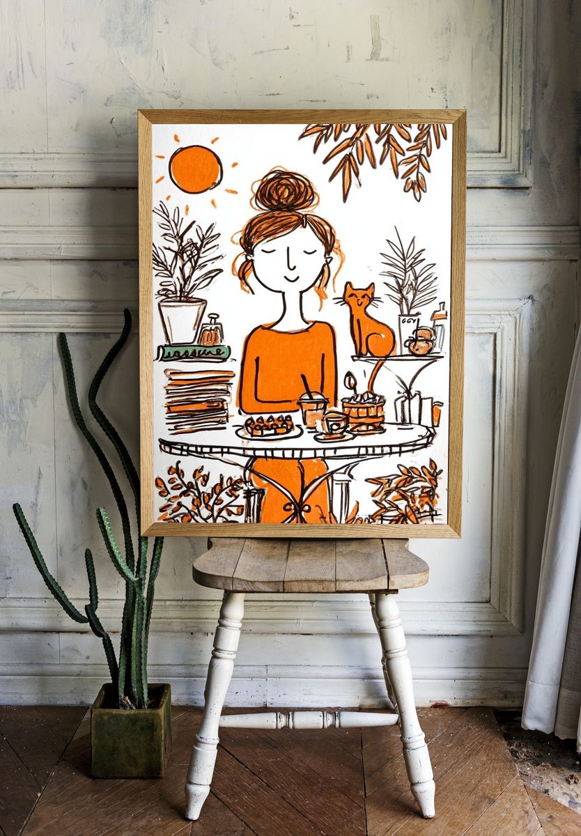 Orange Café Woman Illustration Poster. room preview