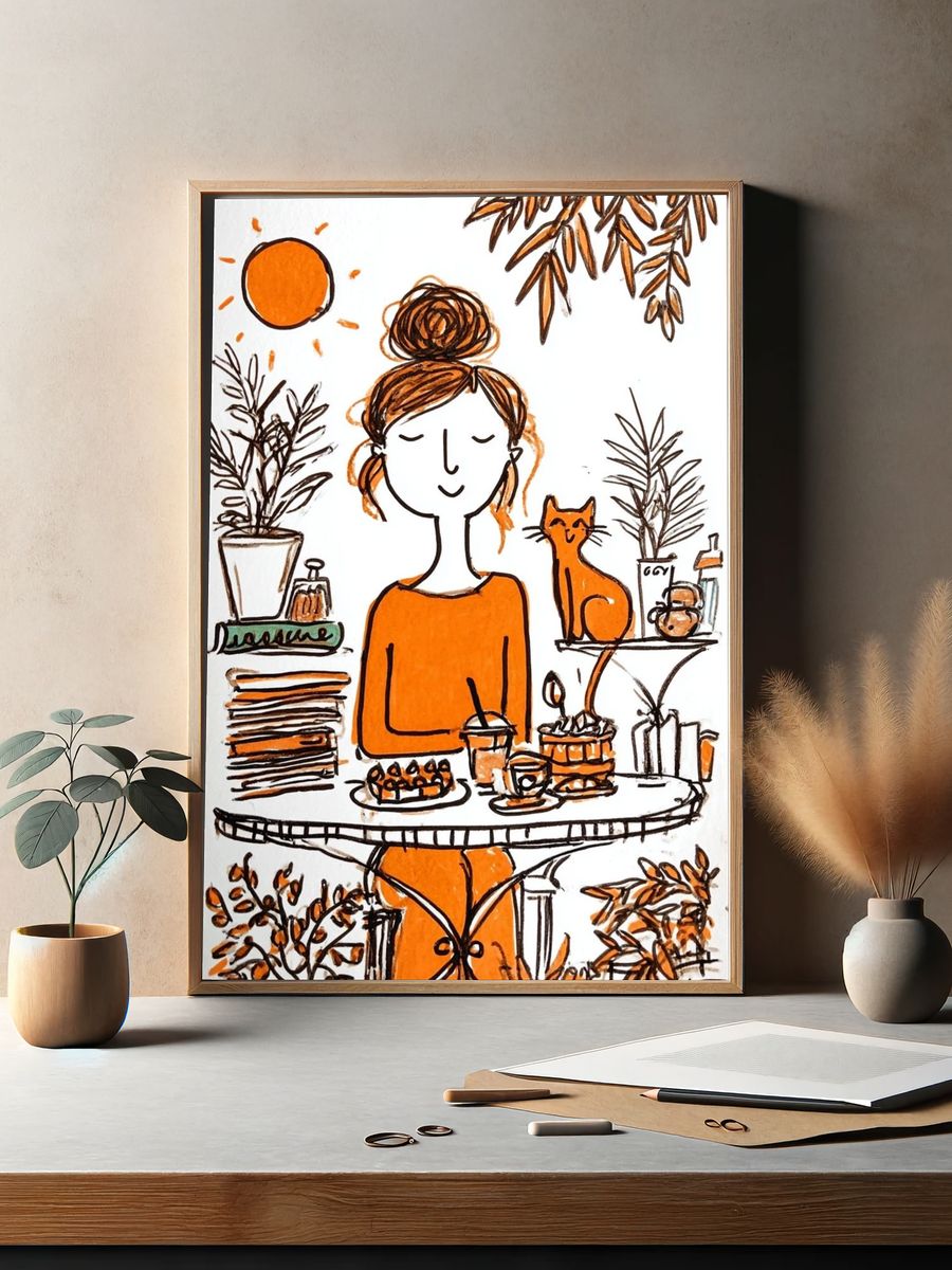 Orange Café Woman Illustration Poster. — room view 2