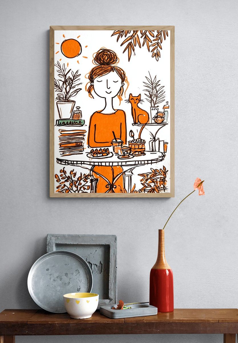 Orange Café Woman Illustration Poster. — room view 3