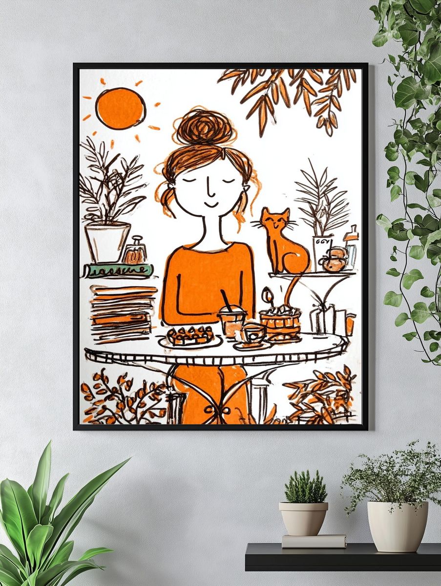 Orange Café Woman Illustration Poster. — room view 4