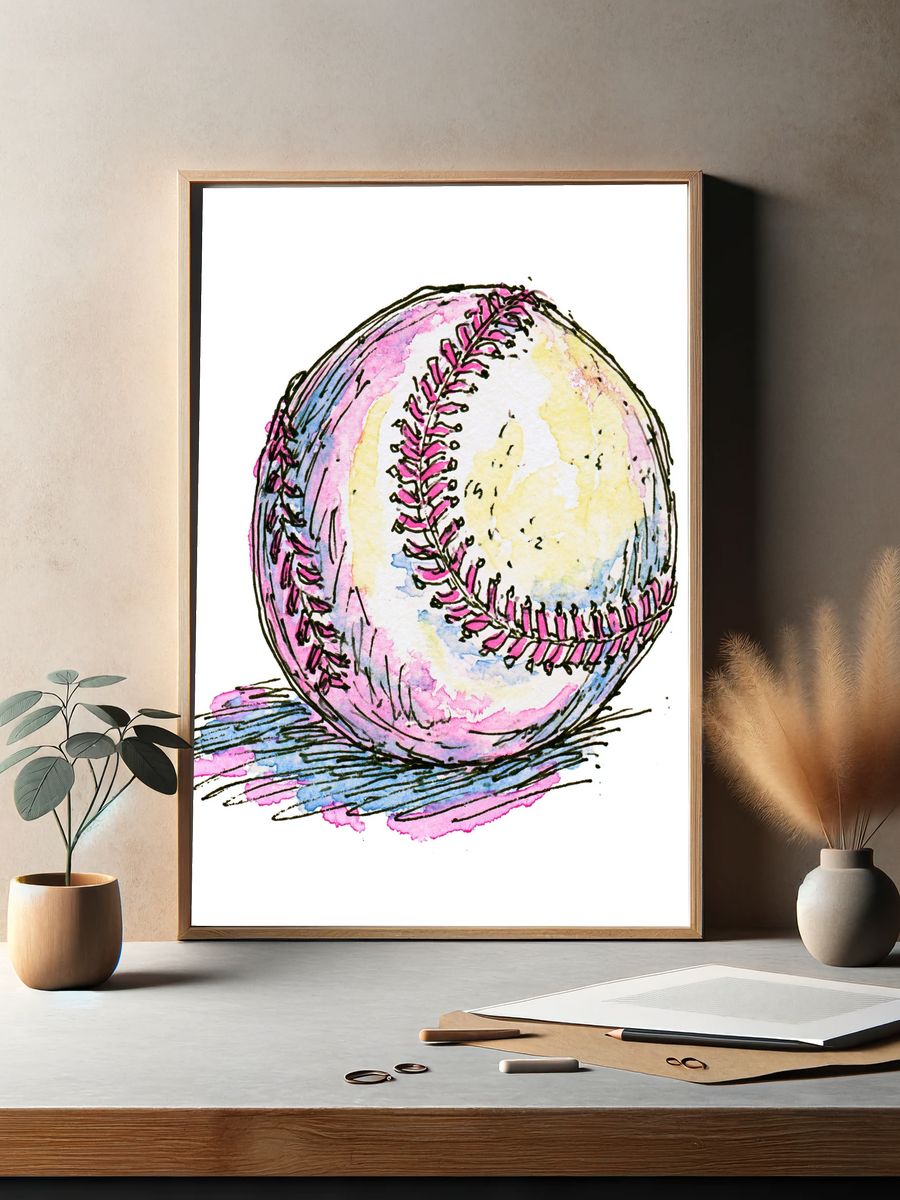 Watercolor Baseball Illustration Poster. — room view 2
