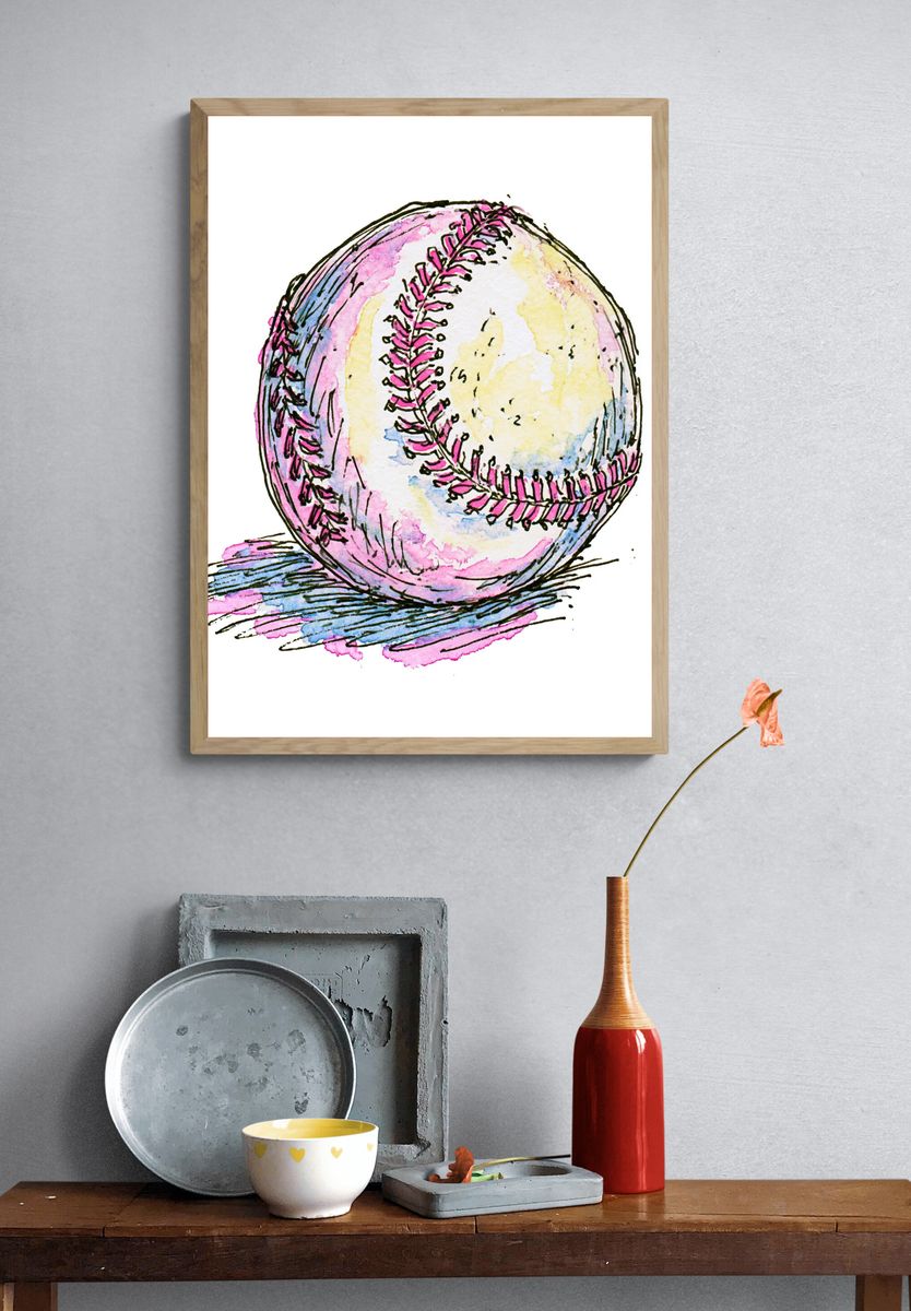 Watercolor Baseball Illustration Poster. — room view 3