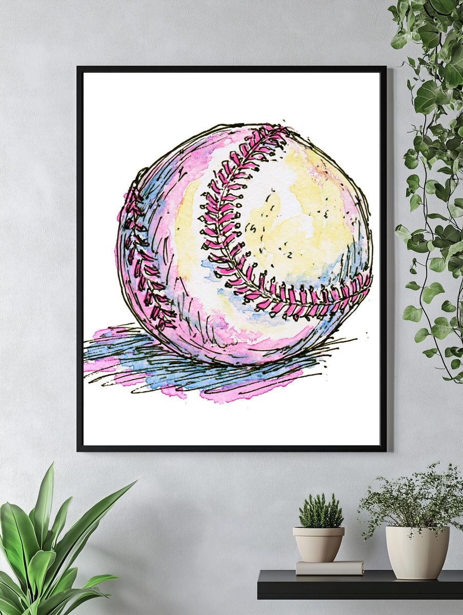 Watercolor Baseball Illustration Poster. — room view 4