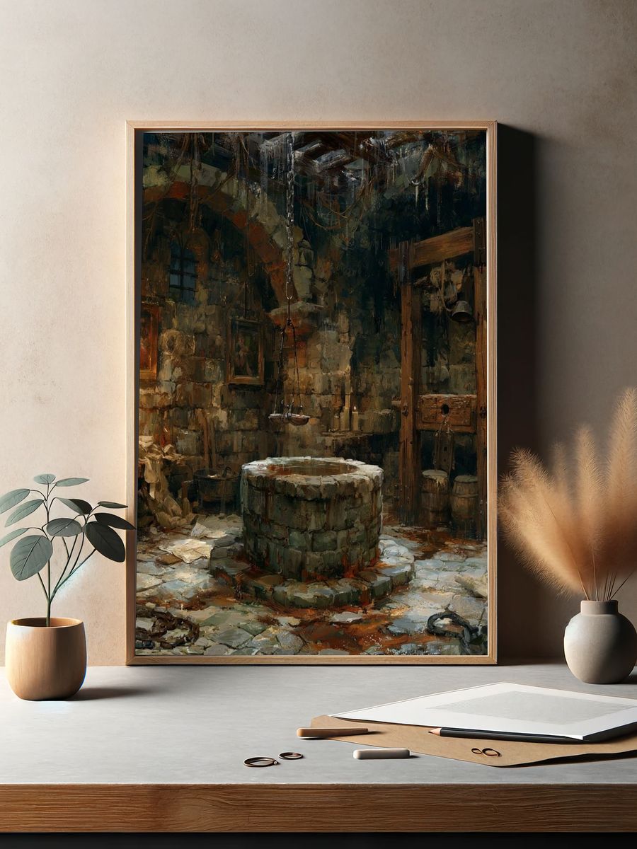Medieval Stone Well Illustration Poster. — room view 2