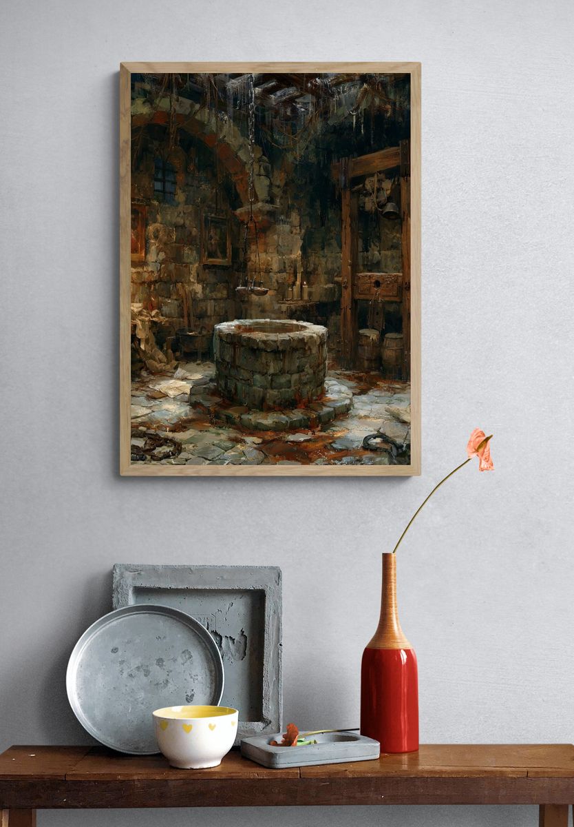 Medieval Stone Well Illustration Poster. — room view 3